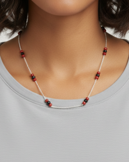 Red Black Bead Sterling Silver Necklace